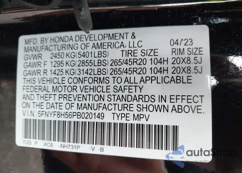 2023 Honda Passport Awd Ex-L из США, поврежденный, VIN 5FNYF8H56PB020149